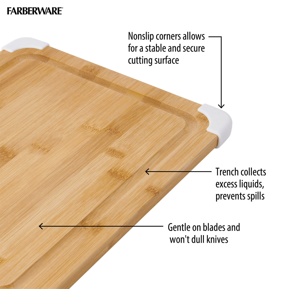 Farberware bamboo surface is knife-friendly for gentle slicing