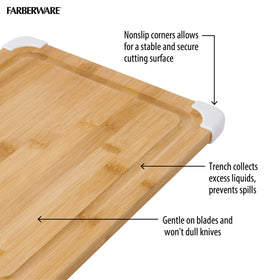 Farberware bamboo surface is knife-friendly for gentle slicing