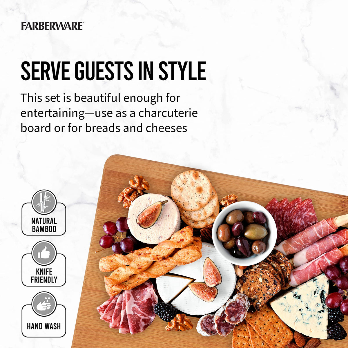 Farberware bamboo cutting board medium 8x11 with handles for portability.