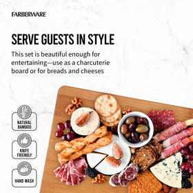 Farberware bamboo cutting board medium 8x11 with handles for portability.