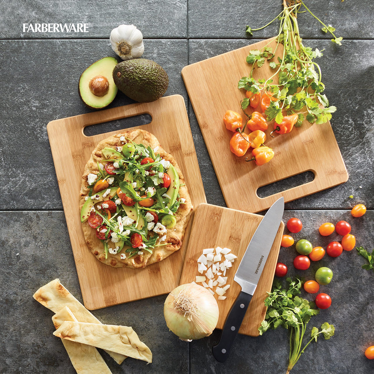 Farberware bamboo cutting board medium 8x11 top view for daily prep.