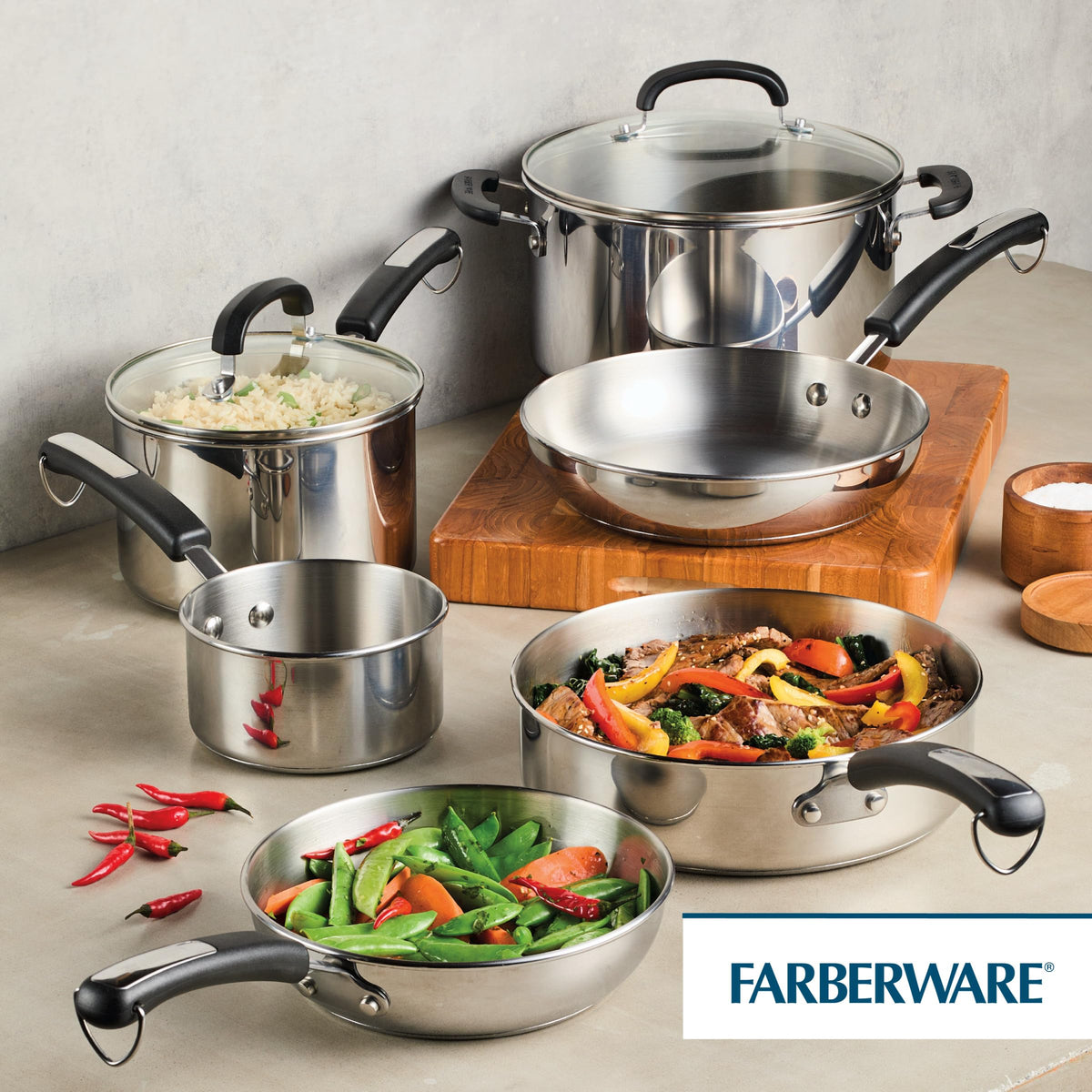 Farberware Brilliance rolled rims minimize drips for neat pouring