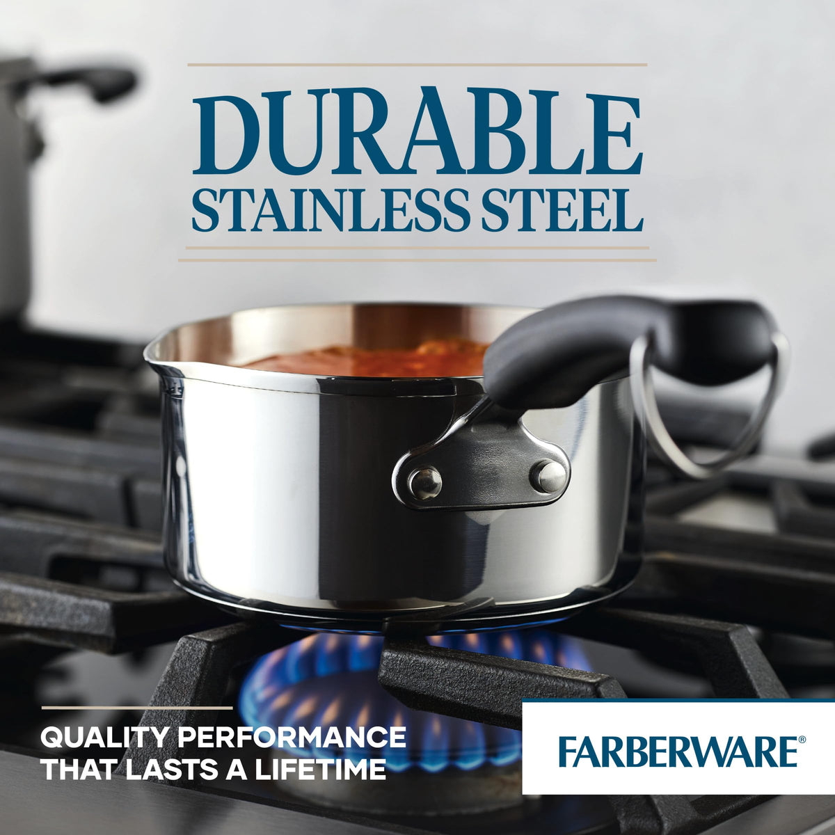 Farberware Brilliance rolled rim aids mess-free pouring.
