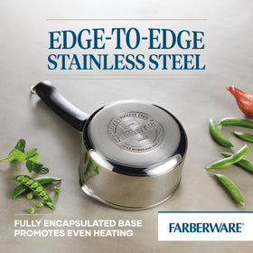 Farberware Brilliance saucepot with stay-cool handle for safe lifting.