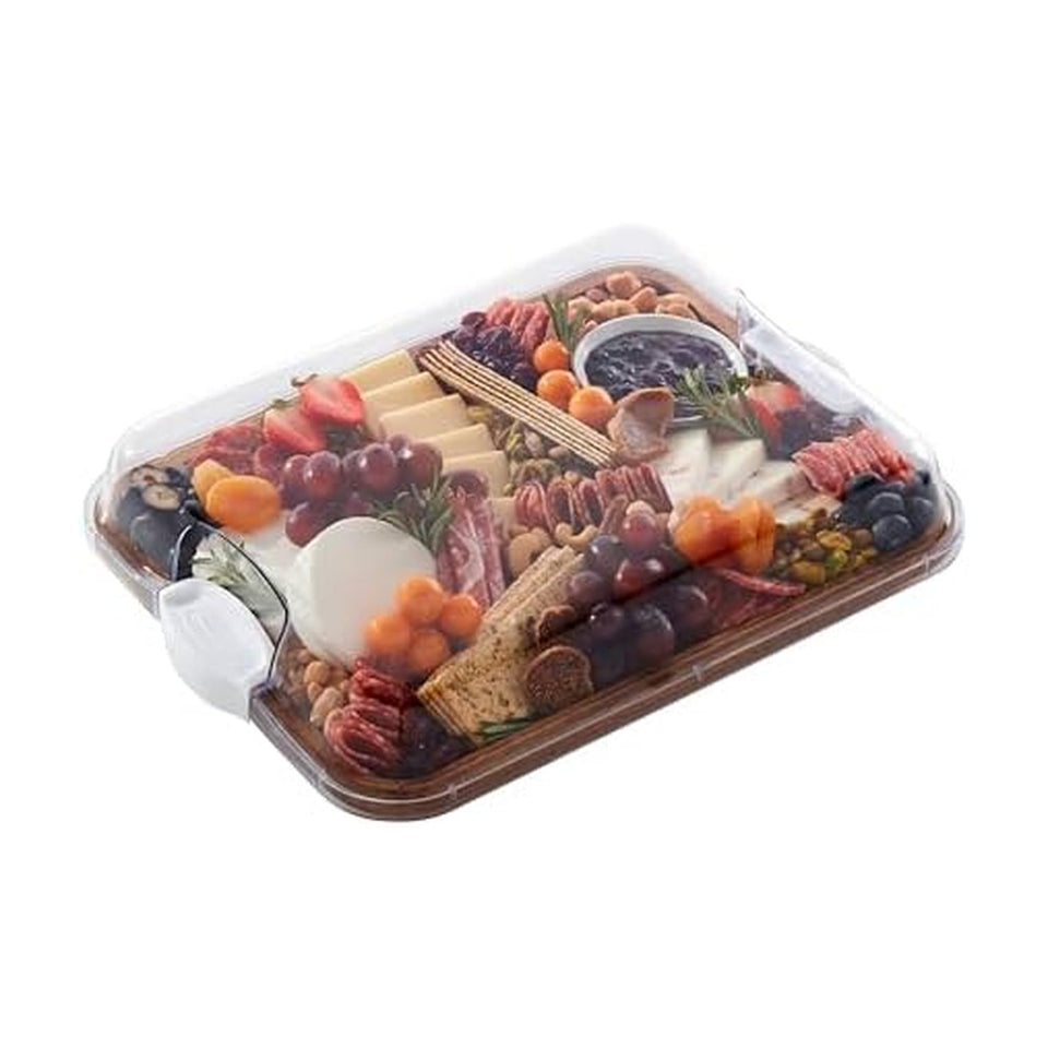 Farberware Build-A-Board acacia cutting board with lid for secure, portable food presentation.
