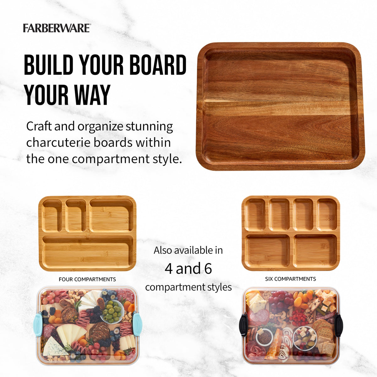 Farberware Build-A-Board built-in compartment keeps charcuterie organized during serving.