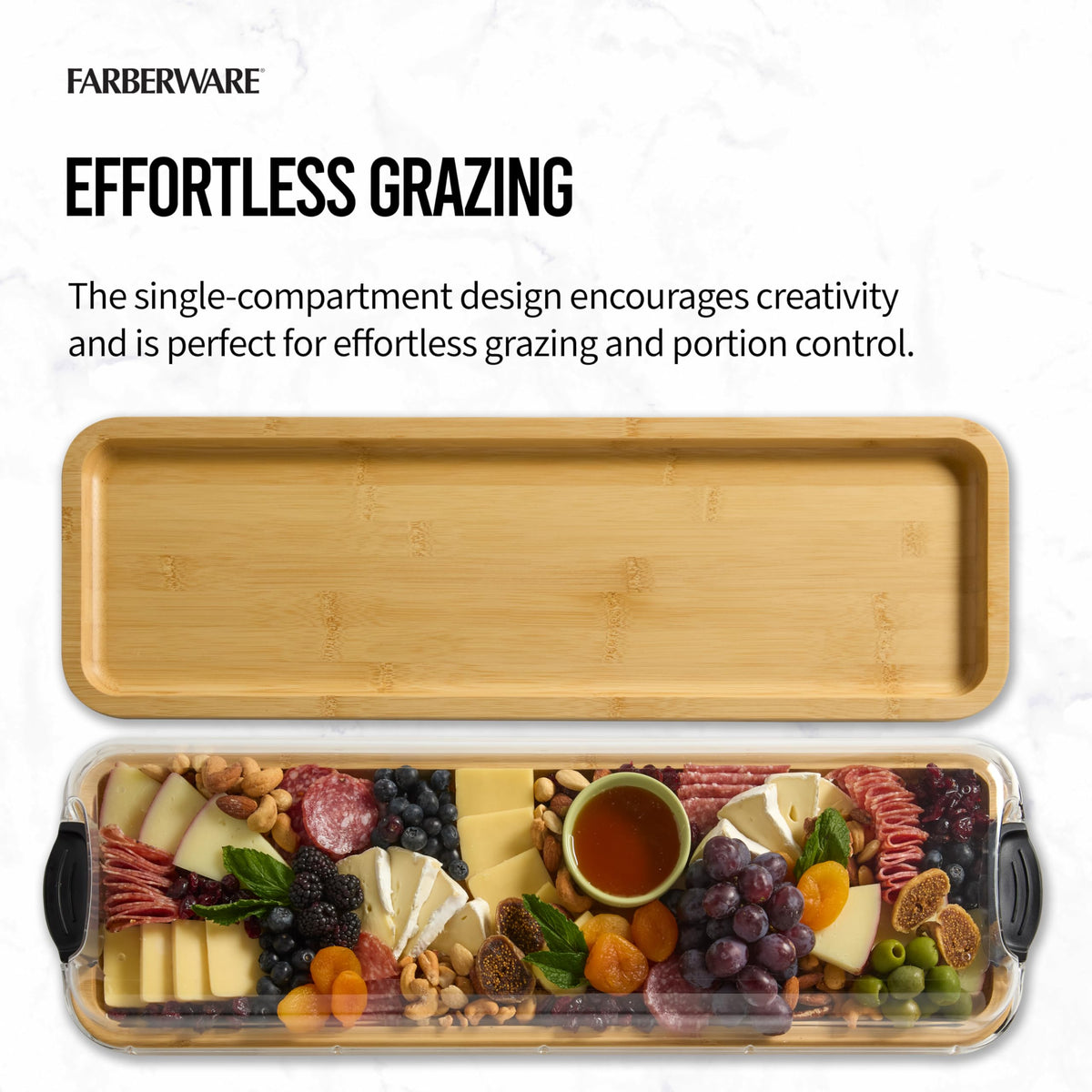 Farberware Build-a-Board compartments help organize cheeses, fruits, and bites.