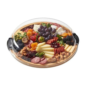 Farberware Build-a-Board round board with lid for portable charcuterie hosting.