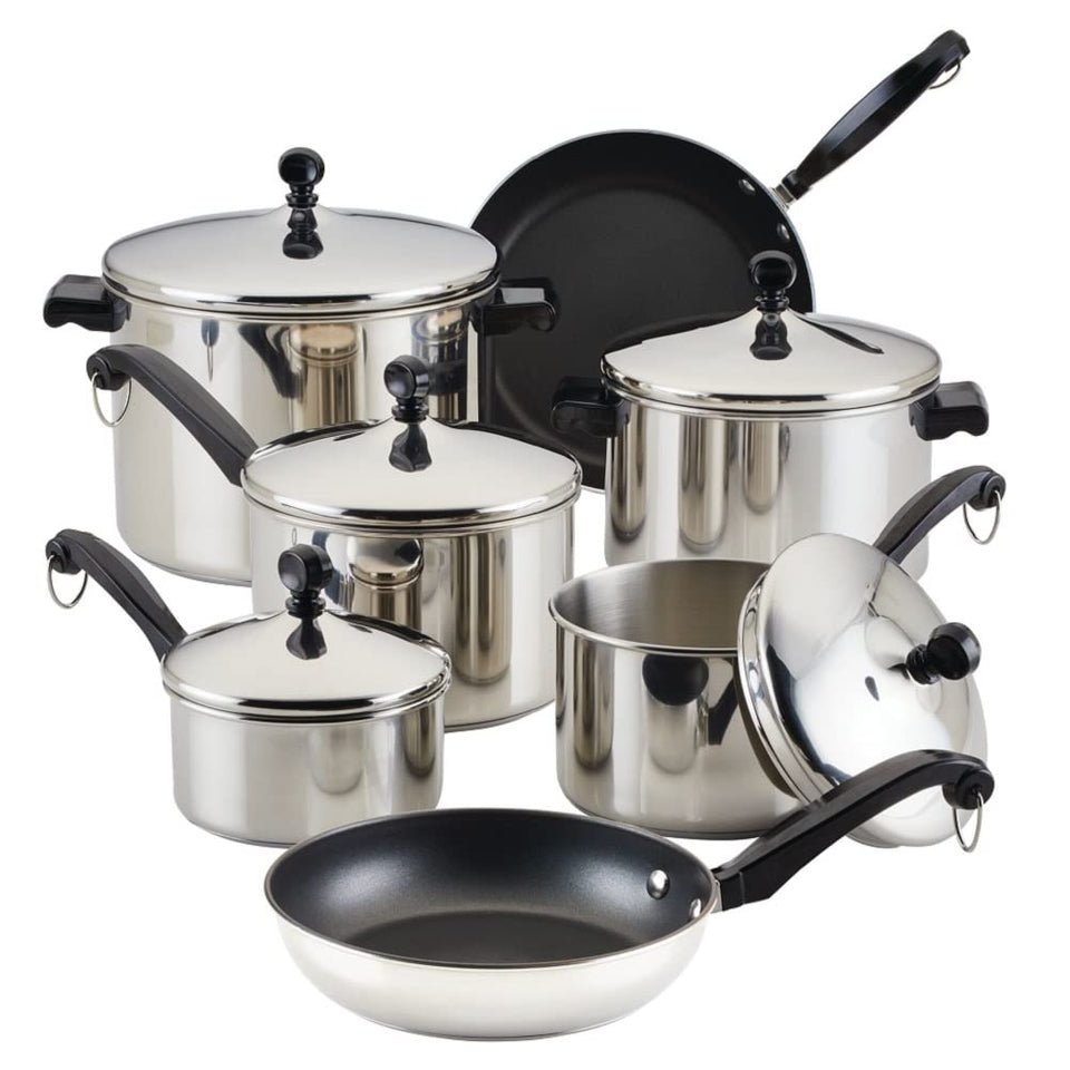 Farberware Classic 15-Piece Set on countertop offers versatile cookware for everyday meals.