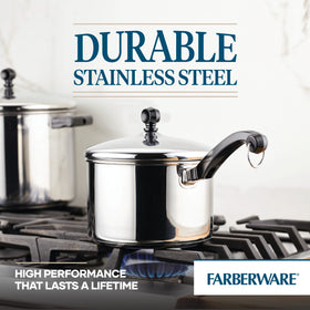 Farberware Classic 3qt saucepan dishwasher-safe for easy cleanup after meals.