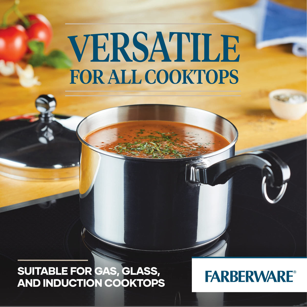 Farberware Classic 3qt saucepan mirror-finish exterior adds a refined kitchen look.