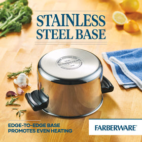 Farberware Classic aluminum-core base heats quickly and evenly.