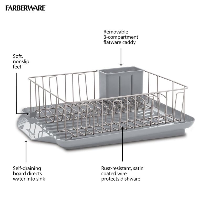 Farberware Classic dish rack with draining board attached demonstrates efficient water drainage.