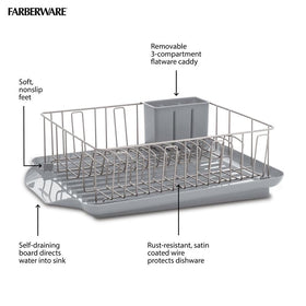 Farberware Classic dish rack with draining board attached demonstrates efficient water drainage.
