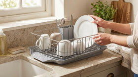 Farberware Classic dish rack gray finish complements modern and traditional kitchens.