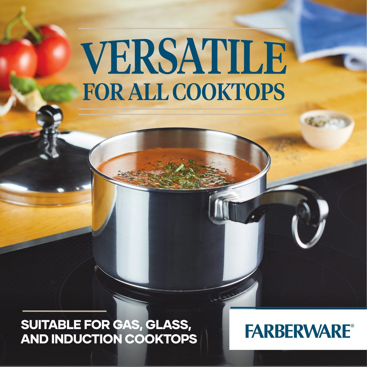 Farberware Classic 2-Quart rolled rim pour for drip-free serving.