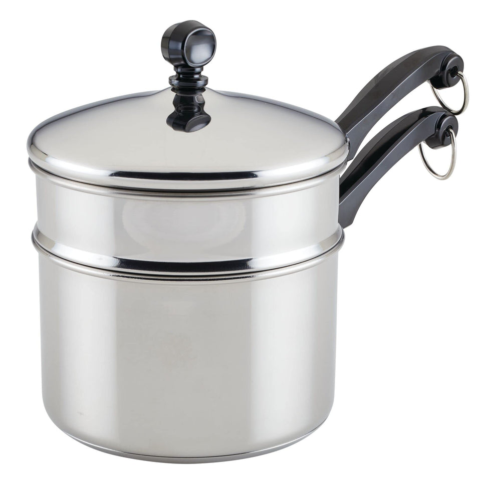 Farberware Classic Stainless 2-Quart double boiler on stove for smooth sauces.