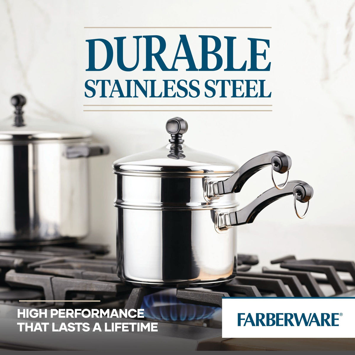 Farberware Classic Stainless 2-Quart oven safe up to 350F for finishing dishes.