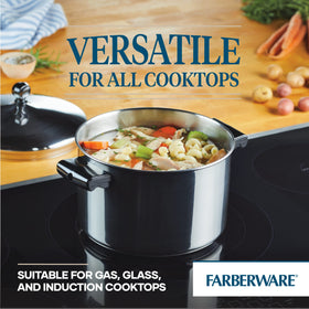 Farberware saucepot shows dishwasher-safe feature for easy cleanup