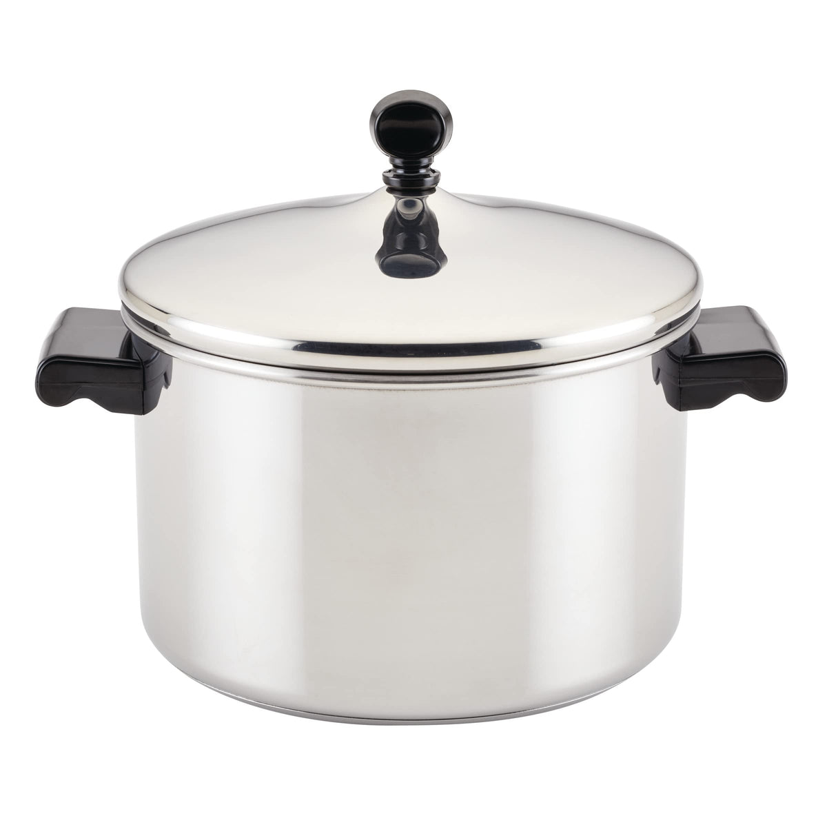 Farberware Classic stainless steel saucepot with lid, highlighting the self-basting feature and even heat
