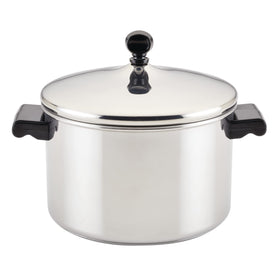 Farberware Classic stainless steel saucepot with lid, highlighting the self-basting feature and even heat