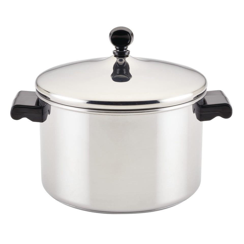 Farberware Classic stainless steel saucepot with lid, highlighting the self-basting feature and even heat