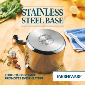 Farberware Classic straining saucepan dishwasher safe for easy cleanup after meals