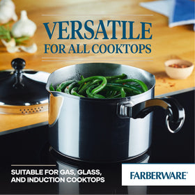Farberware Classic straining saucepan stainless handle close up for secure grip and safe pouring