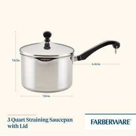 Farberware Classic straining saucepan lid closed demonstrates heat retention for simmered sauces