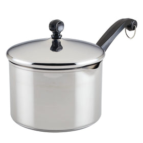 Farberware Classic straining saucepan side view highlights 3 quart capacity for everyday cooking