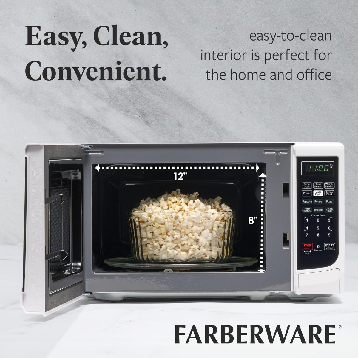 Farberware compact 0.7 cu ft fits small spaces with full-size results.