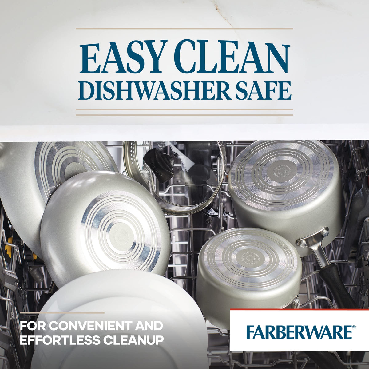 Farberware Cookstart DiamondMax dishwasher-safe label signaling easy cleanup.