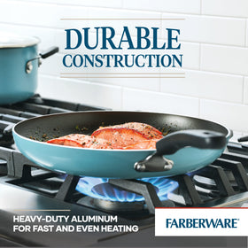 Farberware Cookstart DiamondMax nonstick fry pan showing dishwasher safe feature after cleanup
