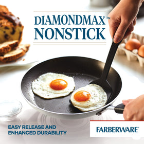 Farberware Cookstart DiamondMax nonstick interior close-up for effortless food release.