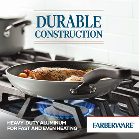 Farberware Cookstart DiamondMax set display showing two skillets in kitchen setting.