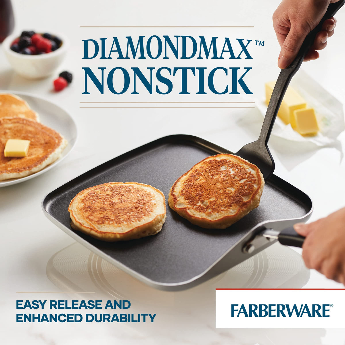 Farberware Cookstart DiamondMax square griddle frying fish fillets with minimal sticking.
