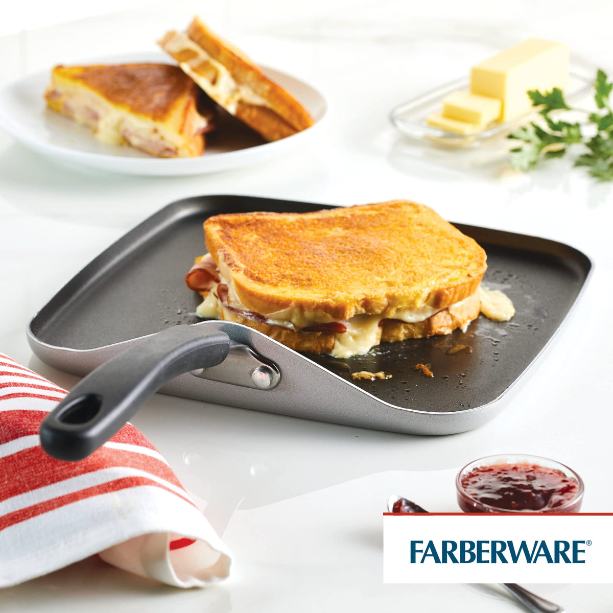 Farberware Cookstart DiamondMax square griddle searing pancakes for family breakfasts.