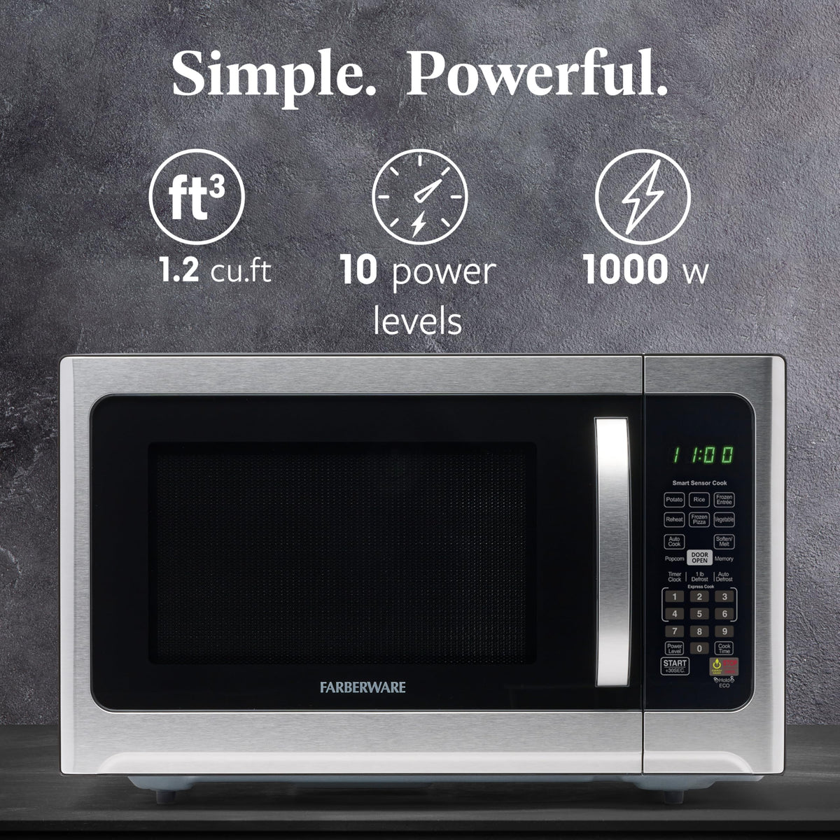 Farberware microwave interior with LED lighting shows contents clearly