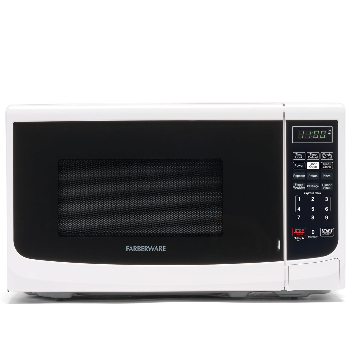 Farberware countertop microwave exterior on a kitchen counter enables quick meals in small spaces.