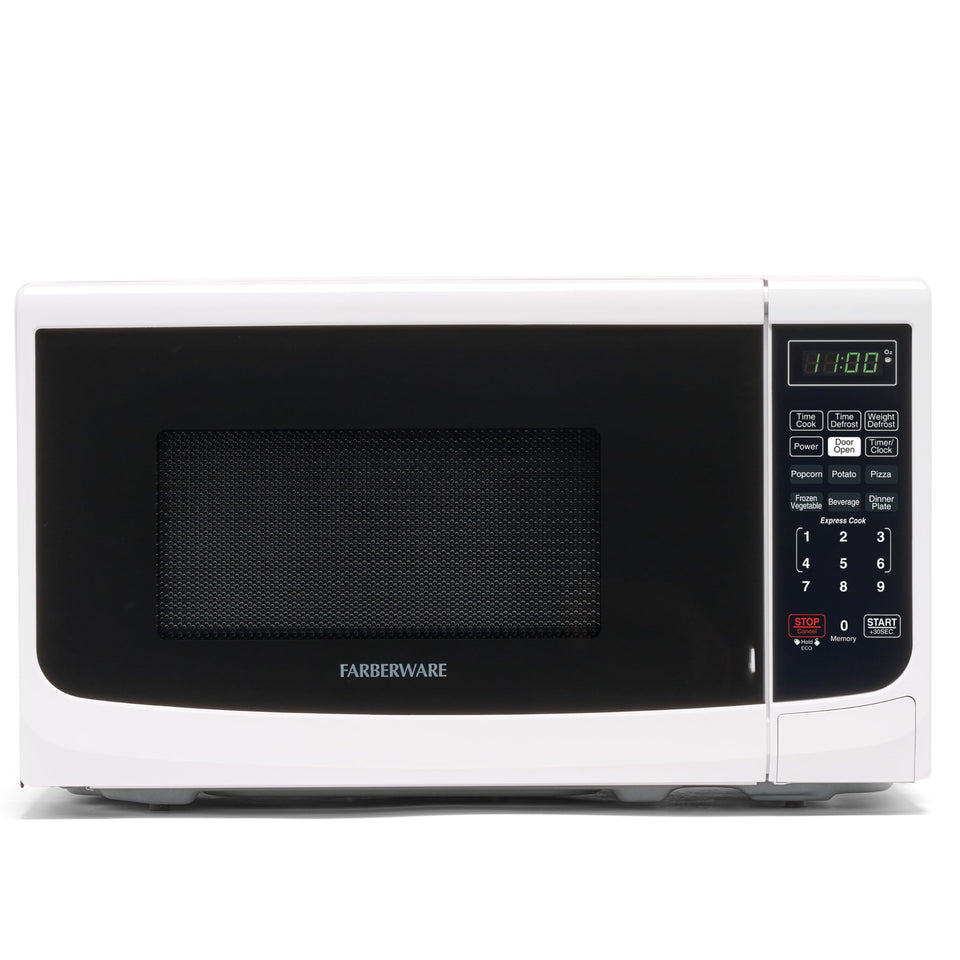 Farberware countertop microwave exterior on a kitchen counter enables quick meals in small spaces.
