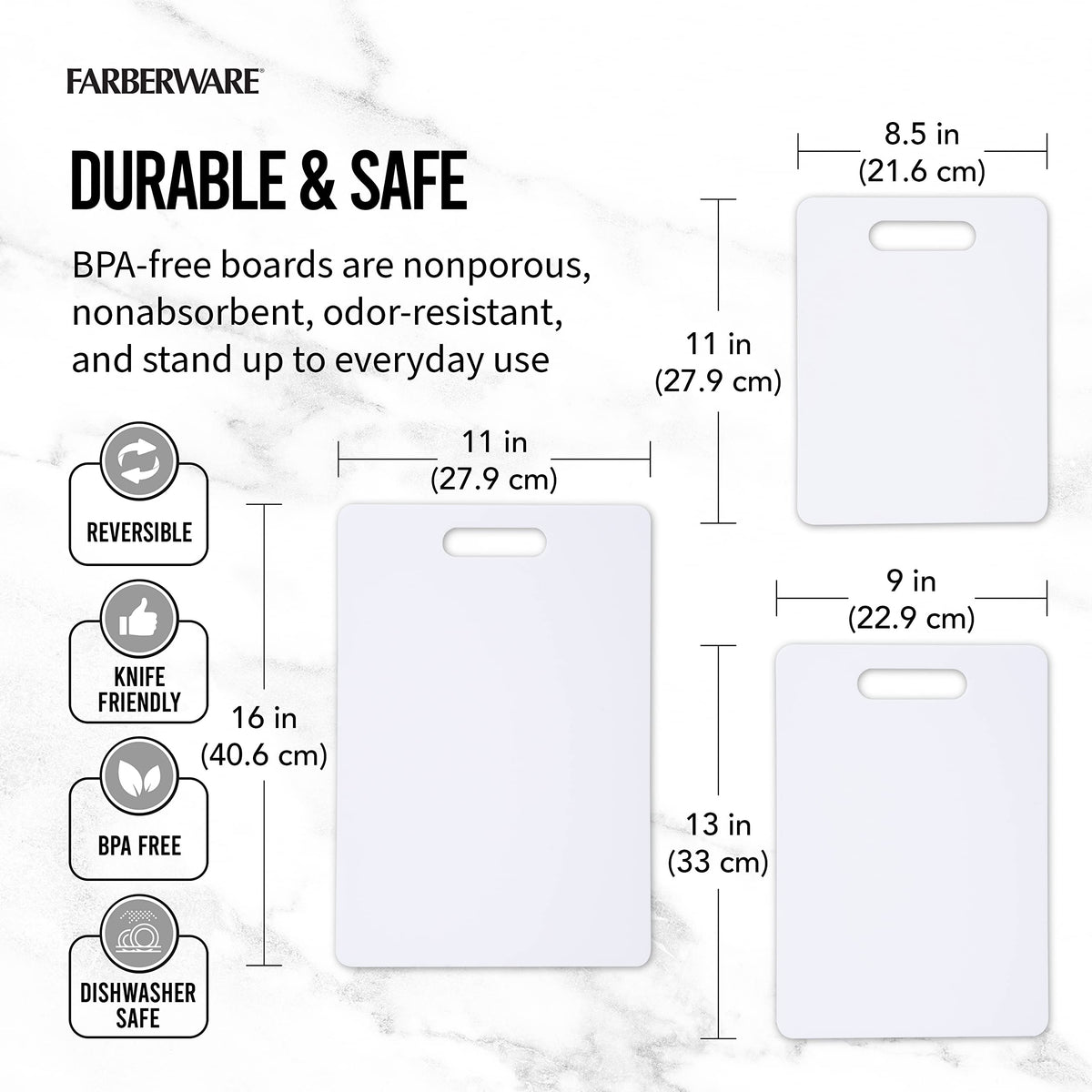 Farberware reversible board set doubles cutting surface for multitasking.