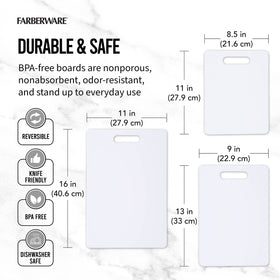 Farberware reversible board set doubles cutting surface for multitasking.