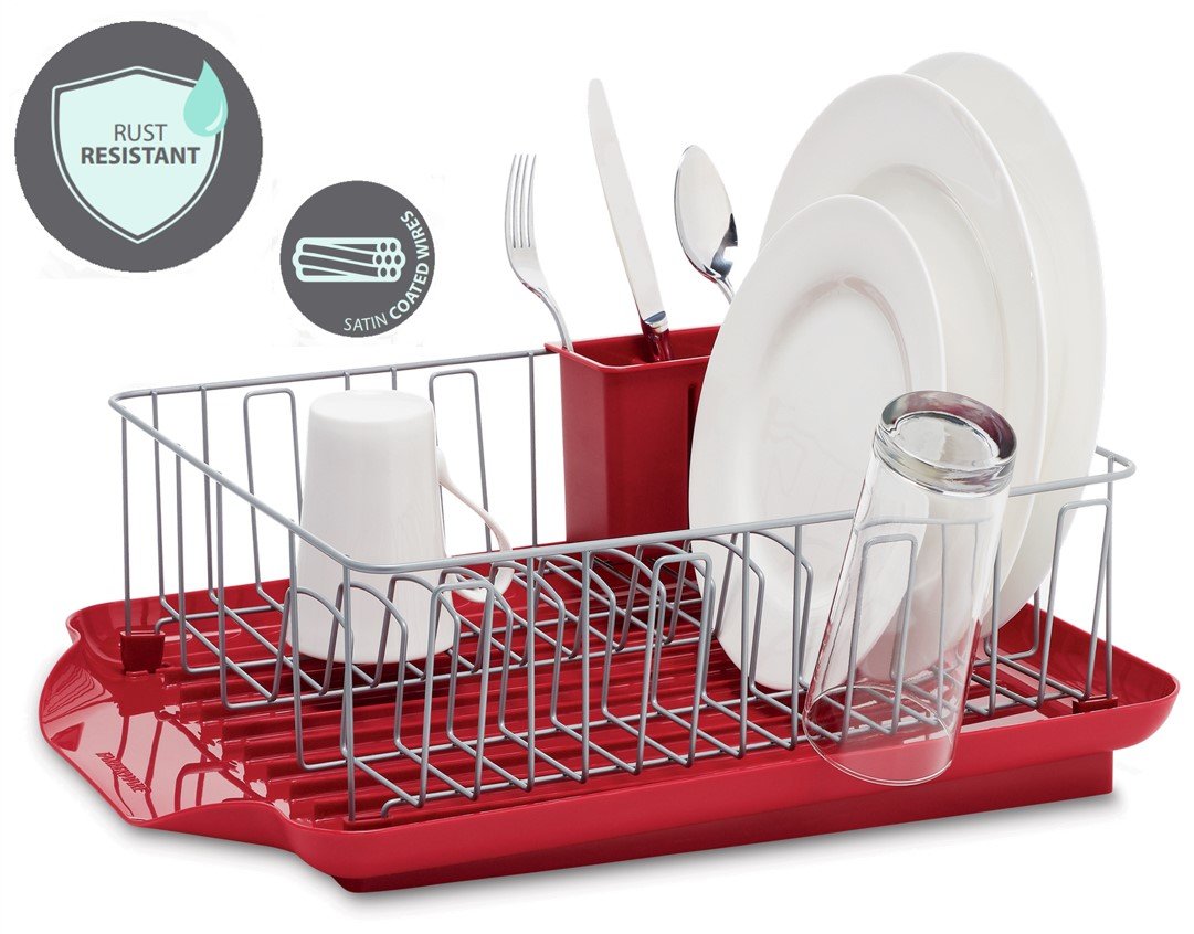 Farberware dishrack removable drain board enables flexible drying of pots and pans.