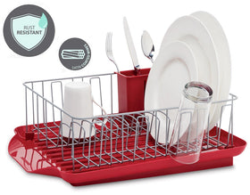Farberware dishrack removable drain board enables flexible drying of pots and pans.