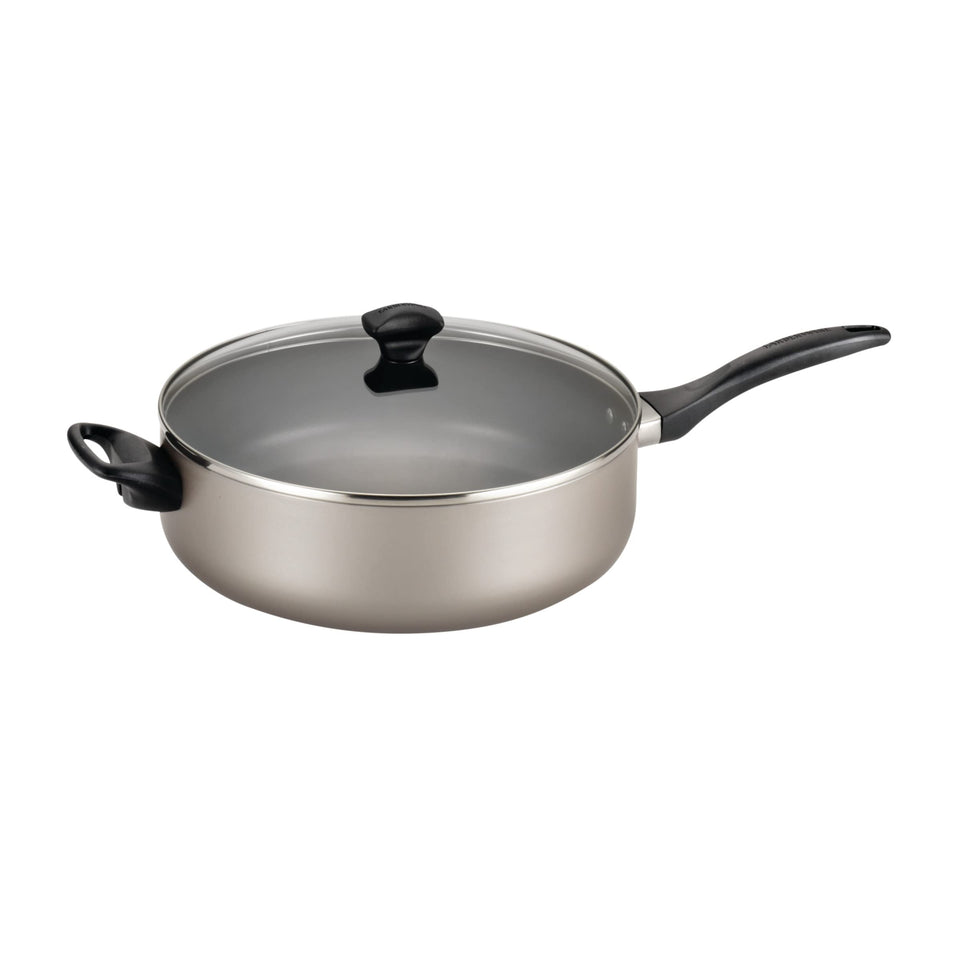 Farberware jumbo cooker with helper handle, dishwasher-safe, nonstick interior for large-batch meals.