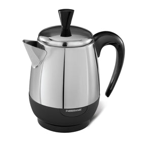 Farberware electric coffee percolator front view highlighting compact stainless steel design for small spaces.