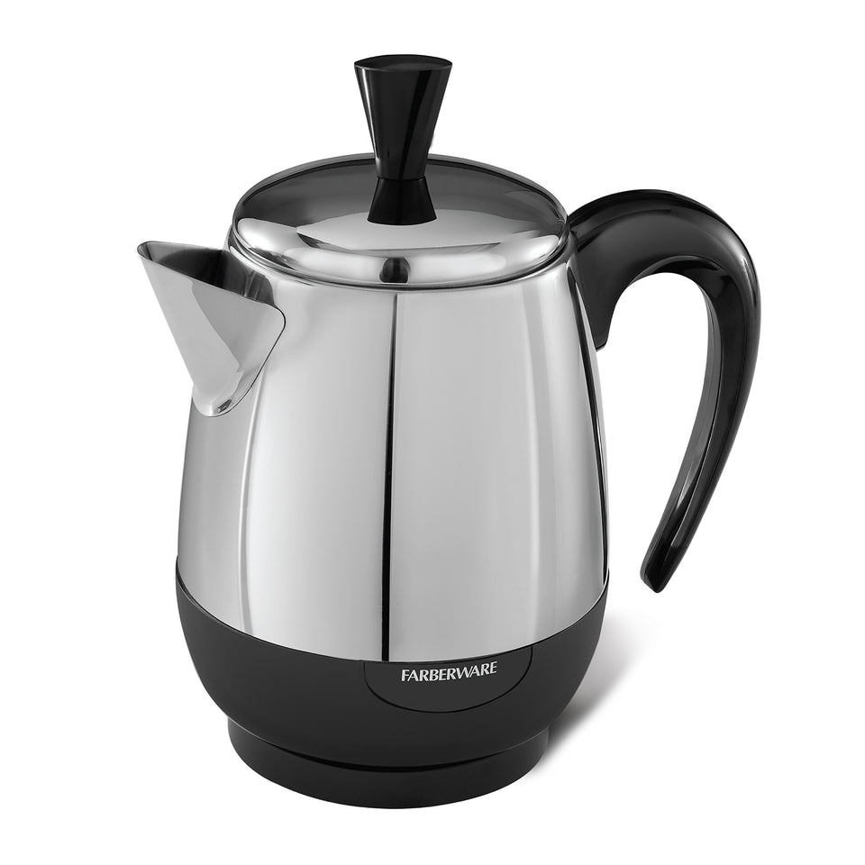Farberware electric coffee percolator front view highlighting compact stainless steel design for small spaces.