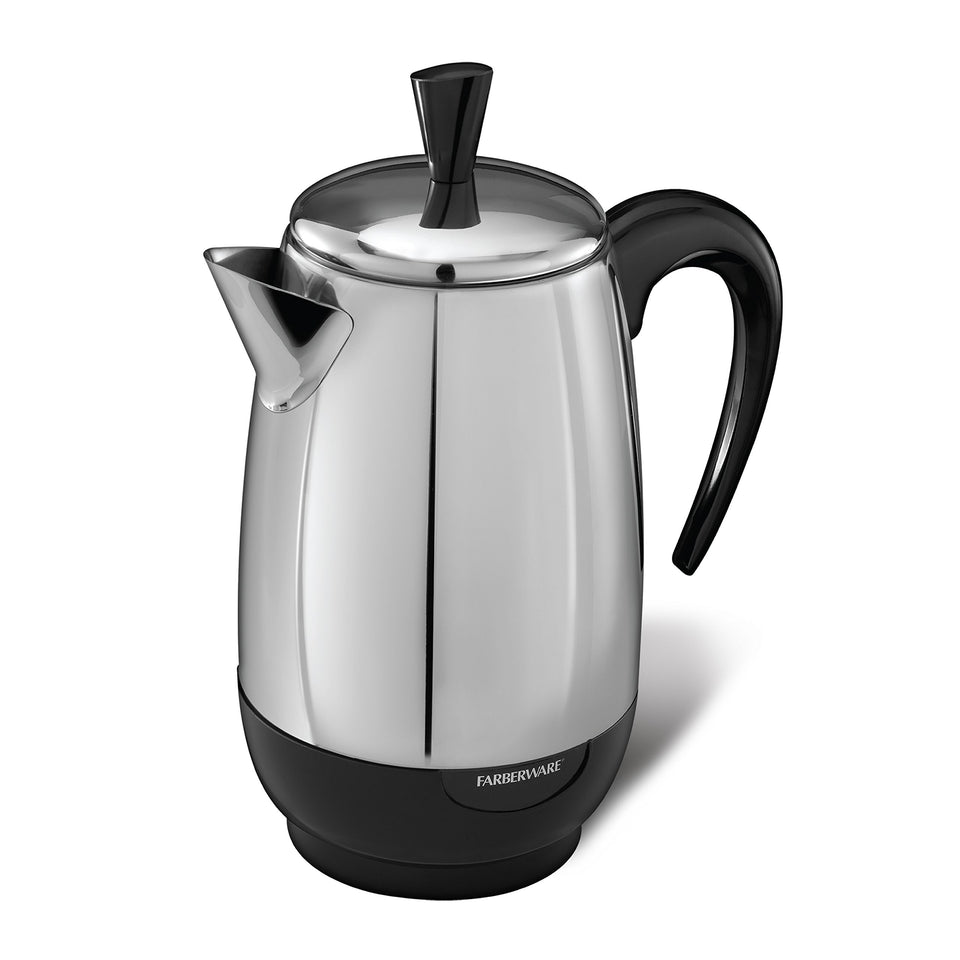 Farberware electric percolator front view with polished stainless steel for countertop appeal
