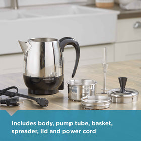 Farberware keep-warm feature maintains coffee warmth after brewing.