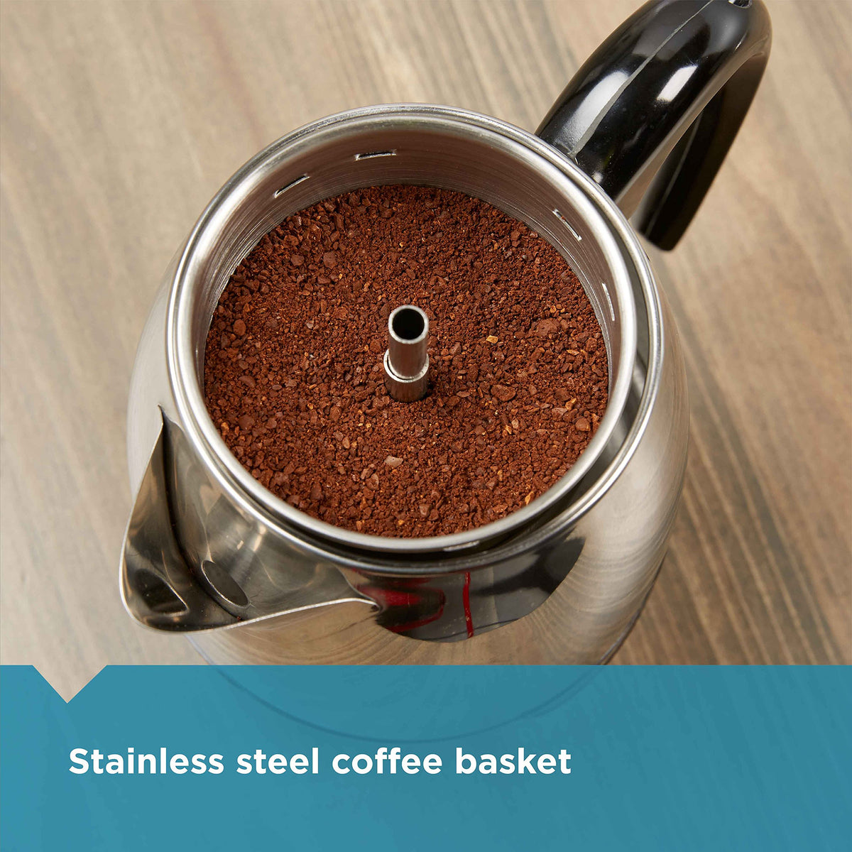 Farberware no-drip spout in action for clean pouring into cups.